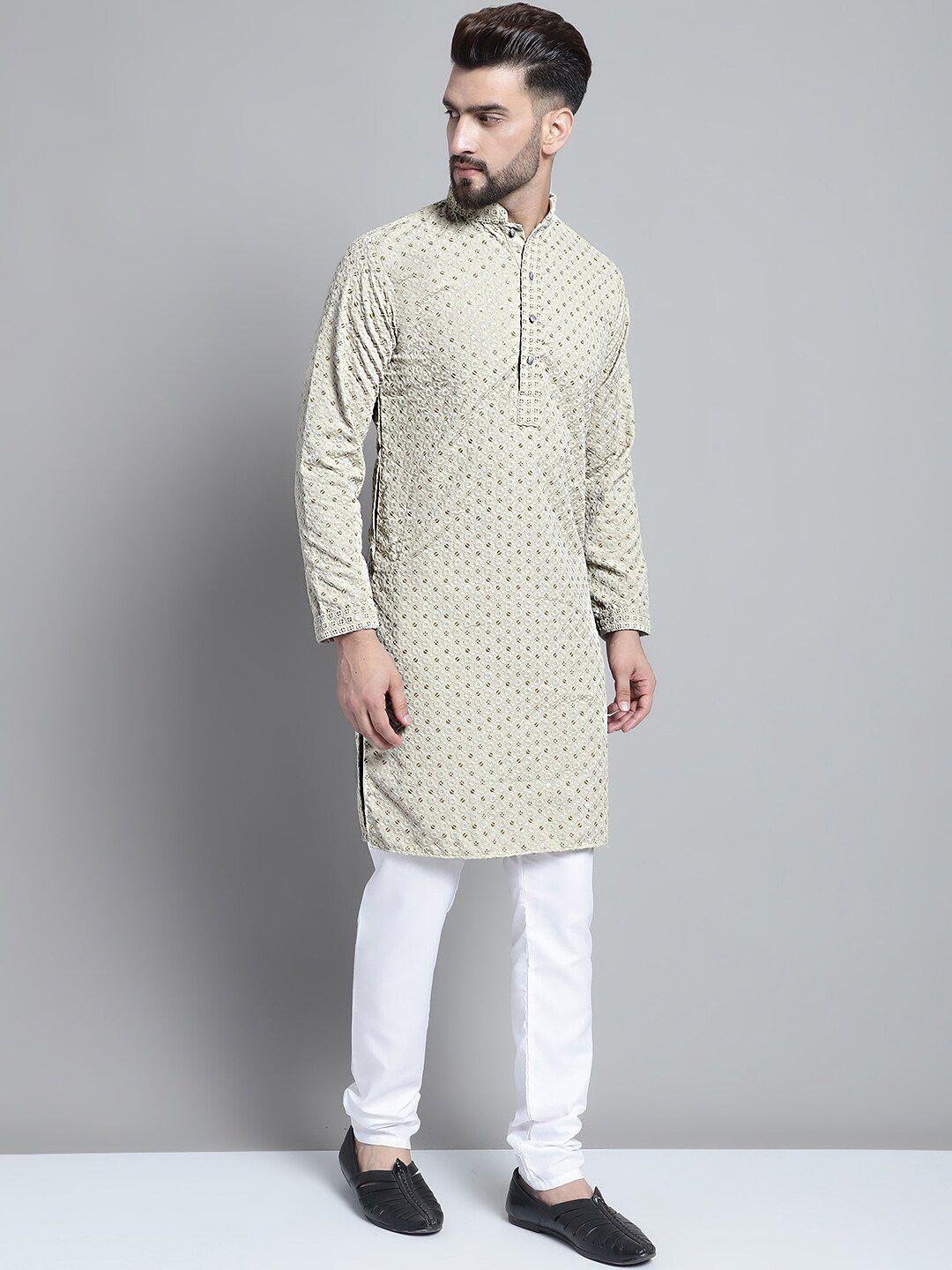 jompers men beige ethnic motifs embroidered regular sequinned pure cotton kurta with churidar