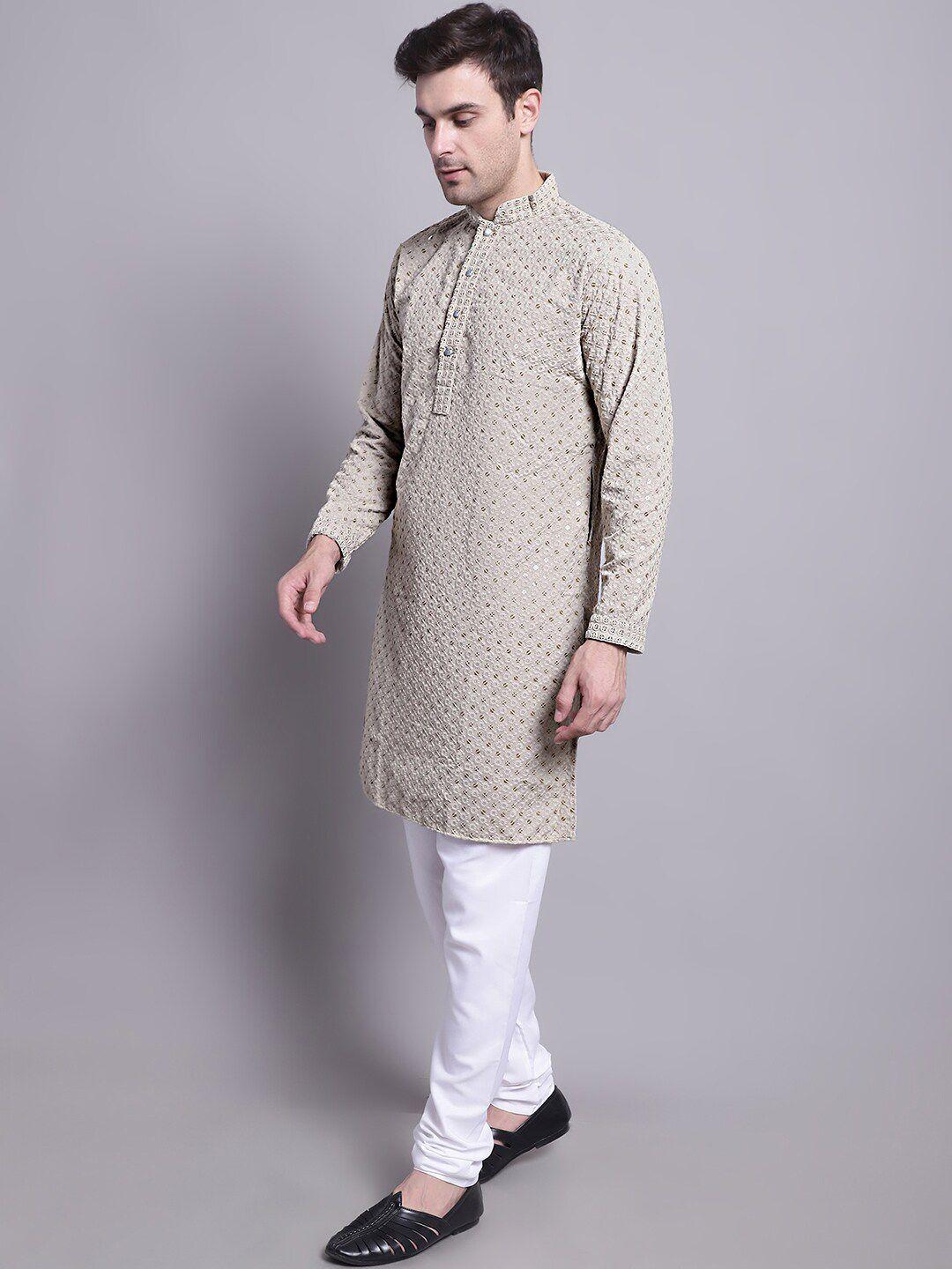 jompers men beige floral embroidered regular sequinned pure cotton kurta with churidar