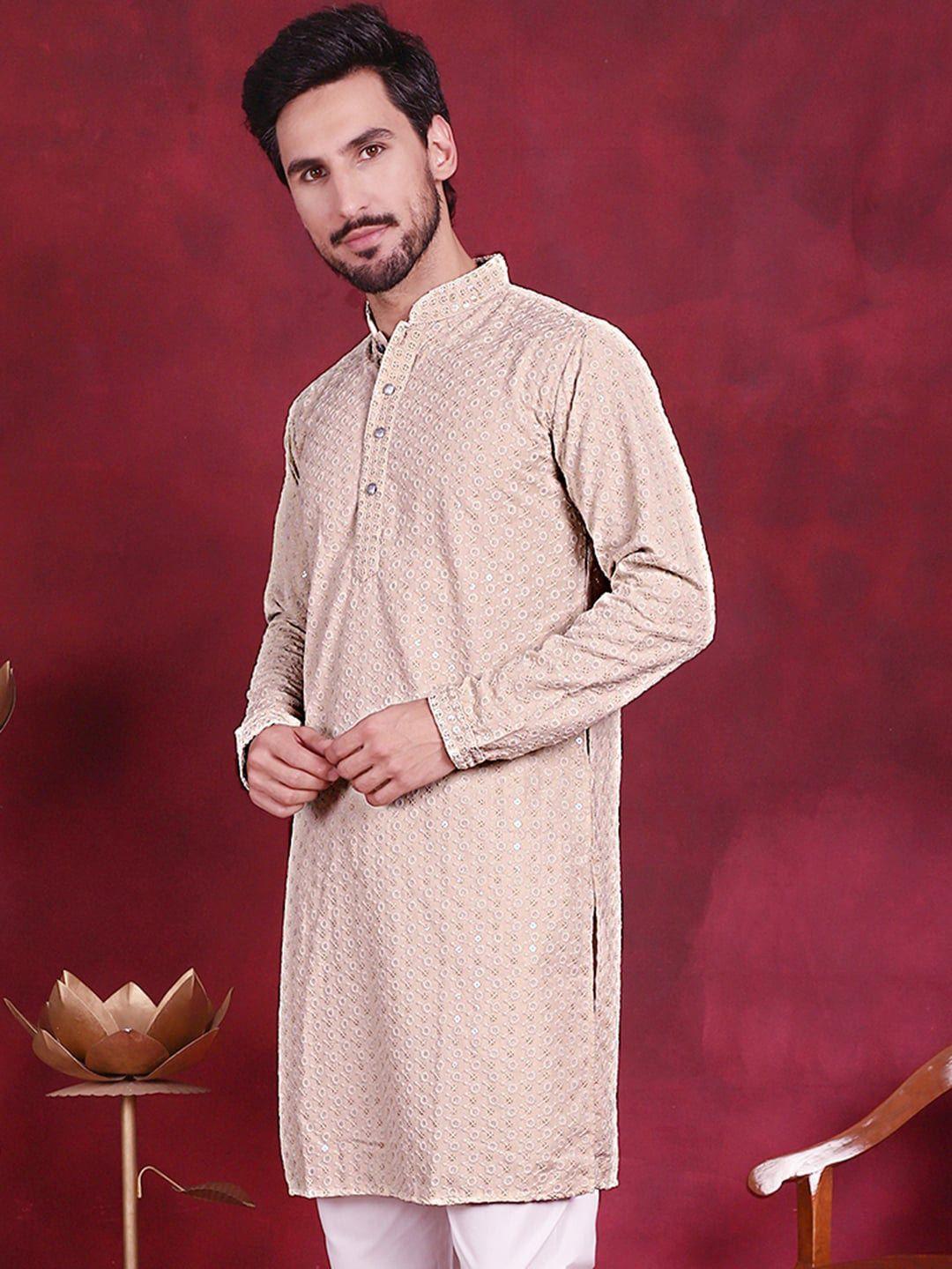 jompers men beige floral embroidered sequinned kurta