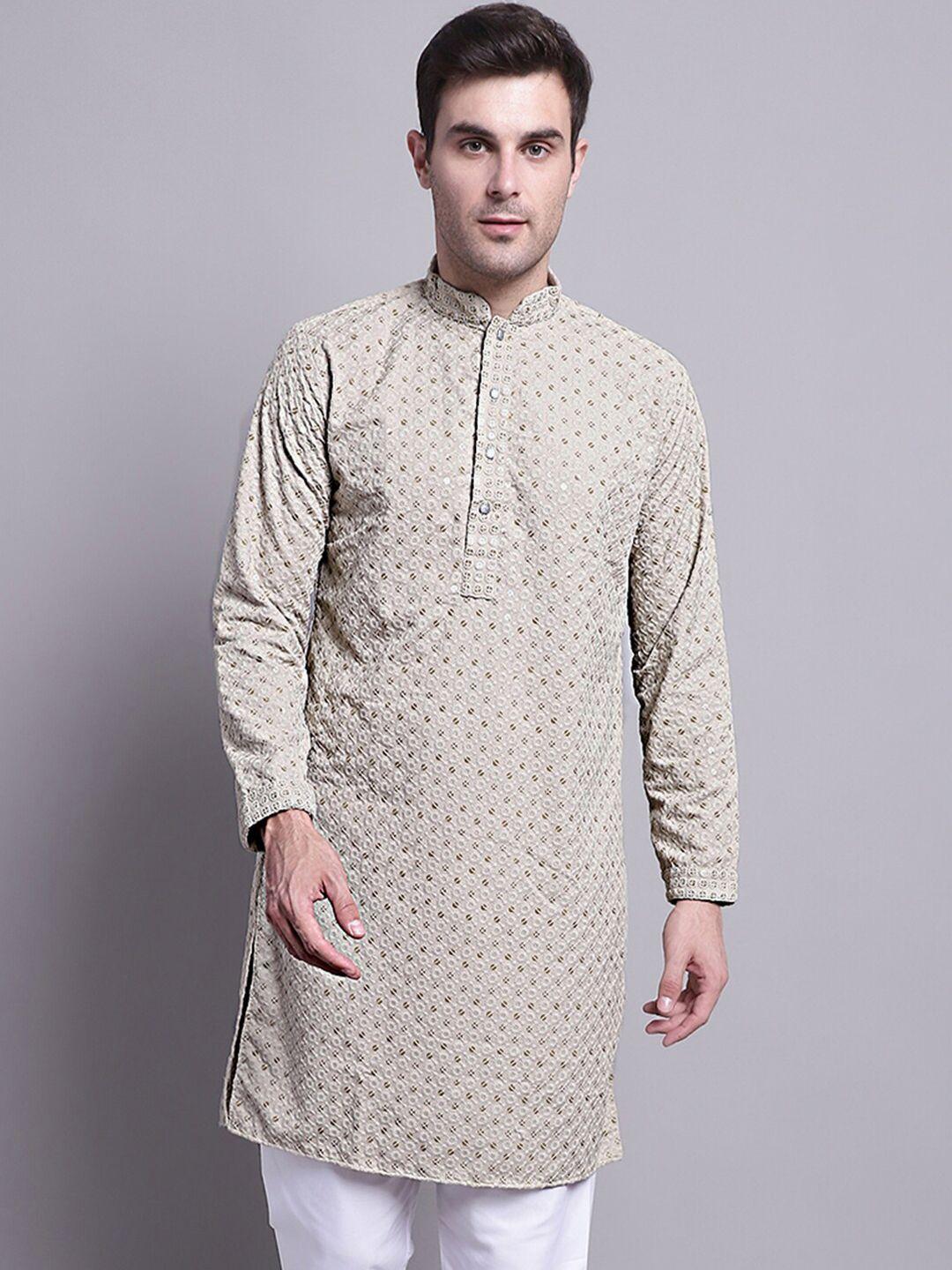 jompers men beige geometric thread work kurta