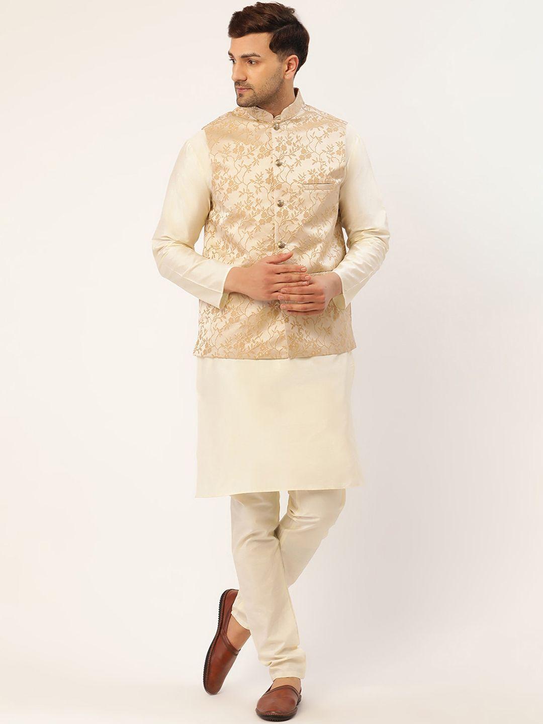 jompers men beige kurta with pyjamas & embroidered nehru jacket