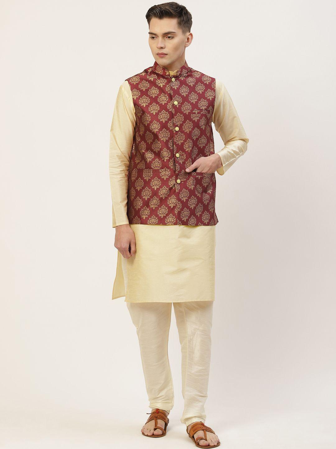 jompers men beige solid kurta with churidar & maroon woven design nehru jacket