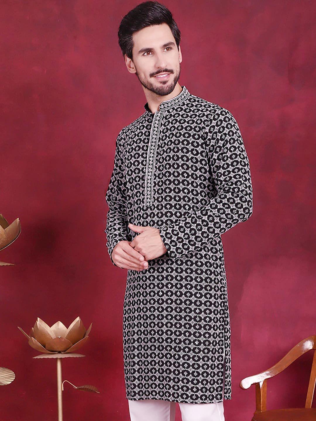 jompers men black & grey geometric embroidered sequinned kurta