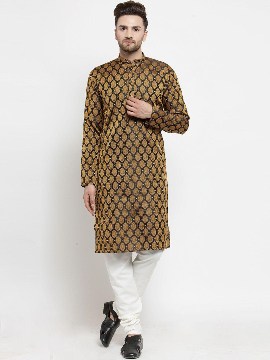 jompers men black & off-white woven design kurta with churidar