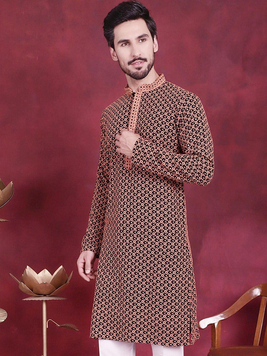 jompers men black & orange floral embroidered sequinned kurta