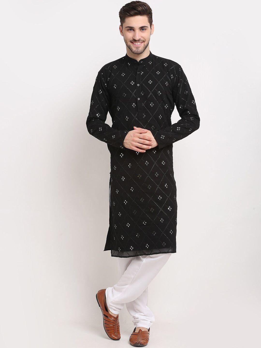 jompers men black embroidered mirror work kurta with pyjamas