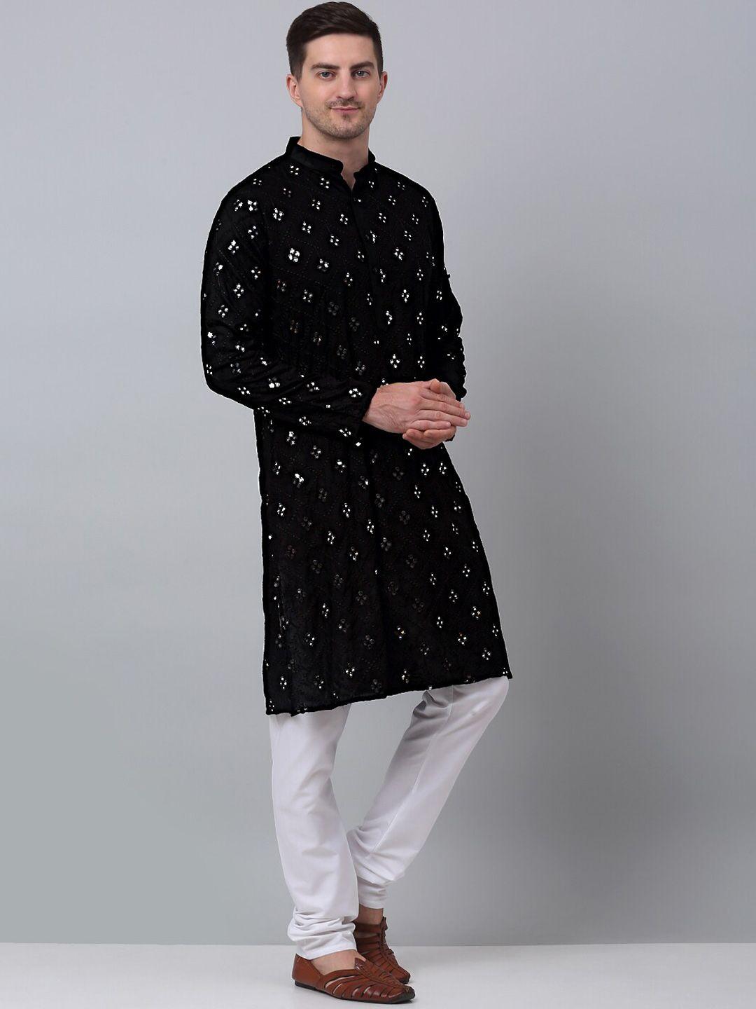 jompers men black embroidered regular mirror work pure cotton kurta with churidar