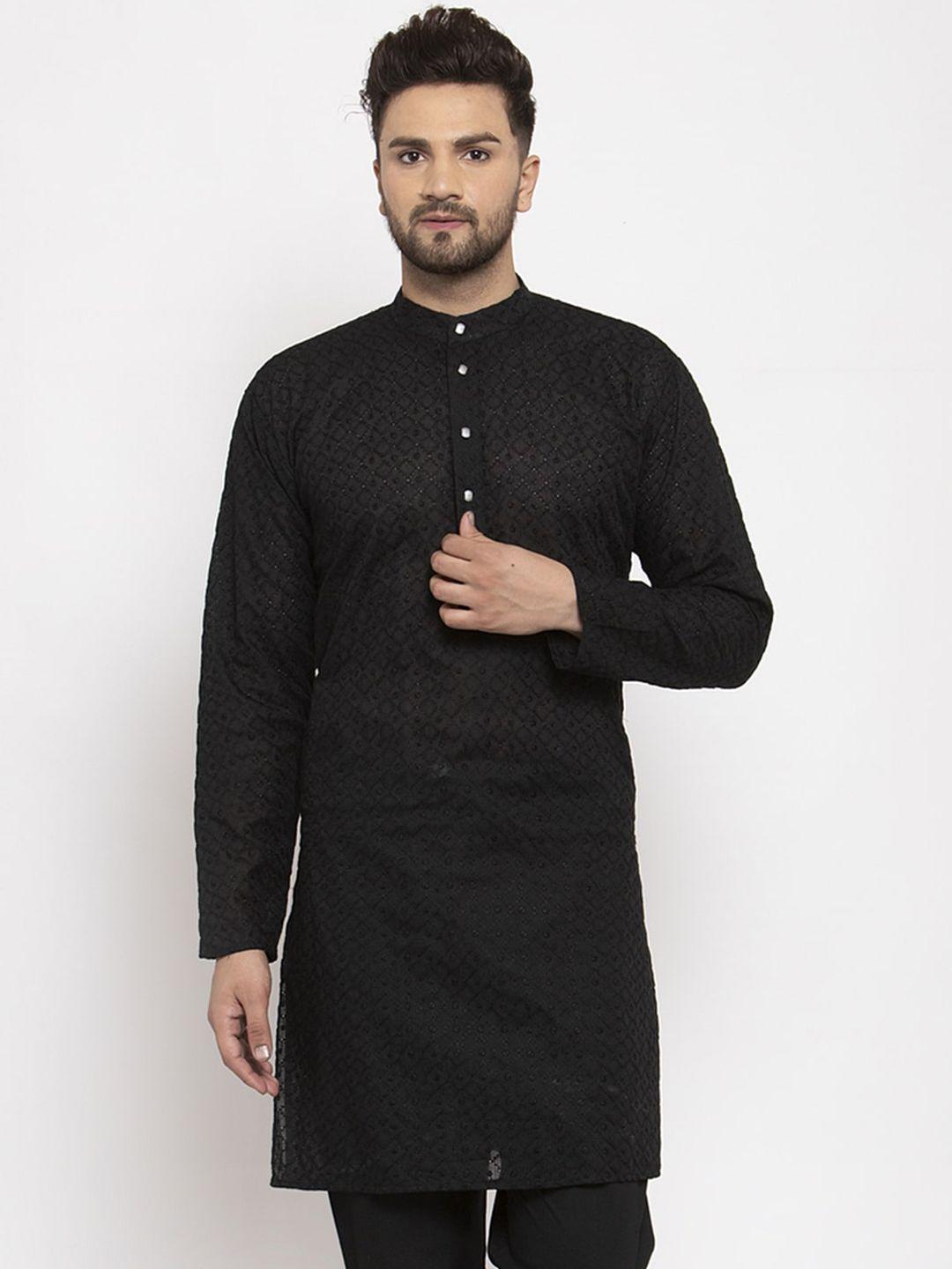 jompers men black embroidered straight kurta