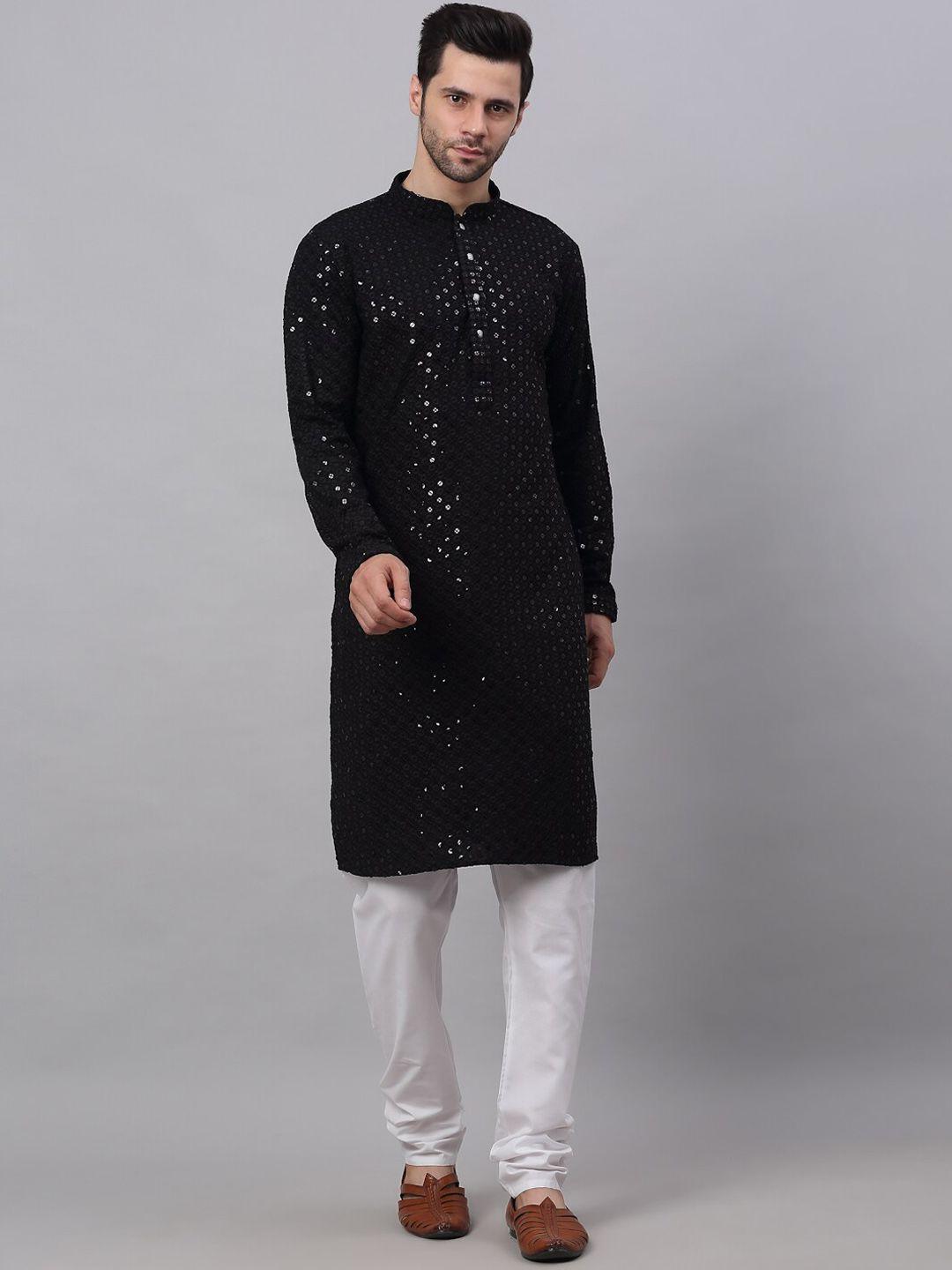 jompers men black floral embroidered chikankari pure cotton kurta with churidar