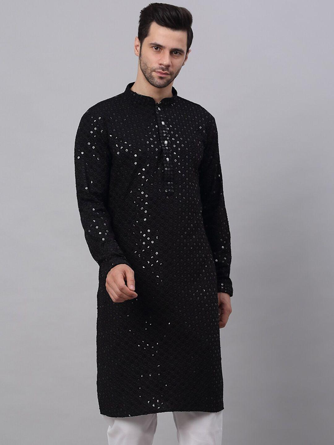 jompers men black floral embroidered sequined cotton kurta