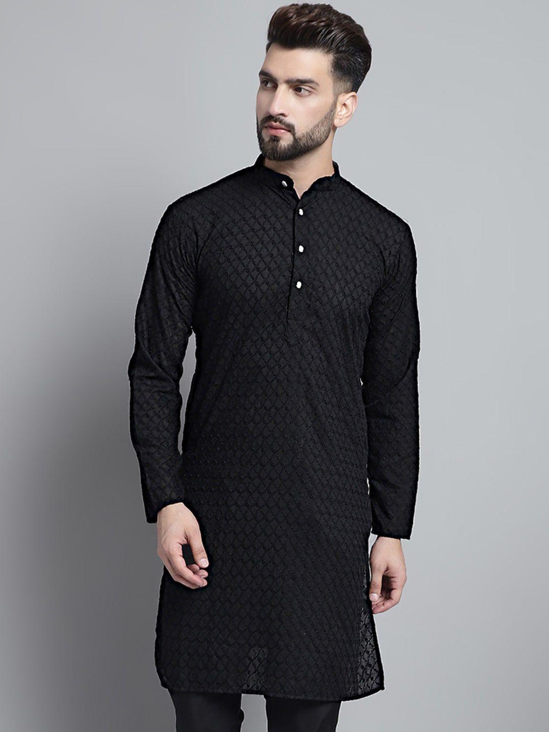 jompers men black geometric thread work kurta