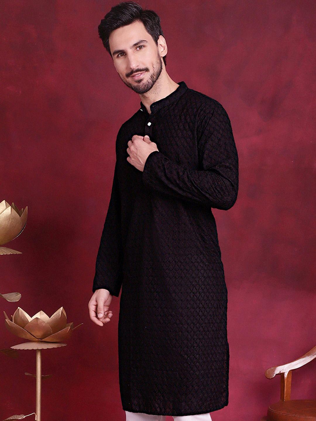 jompers men black leheriya embroidered chikankari kurta