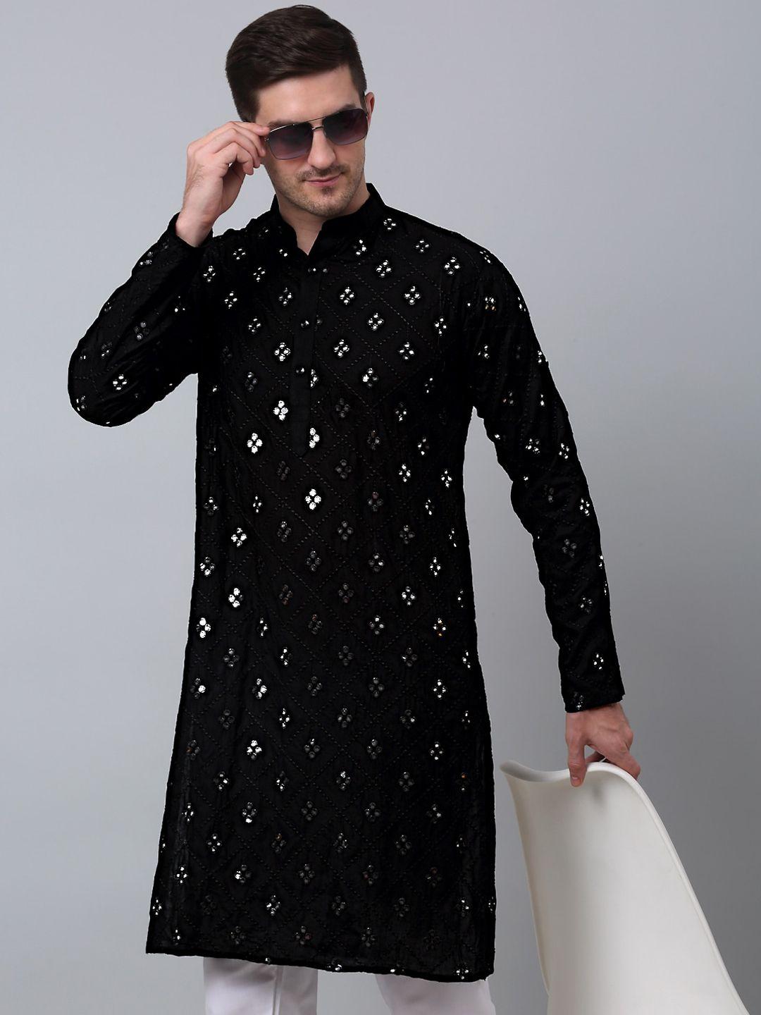 jompers men black quirky cold-shoulder sleeves thread work kurta