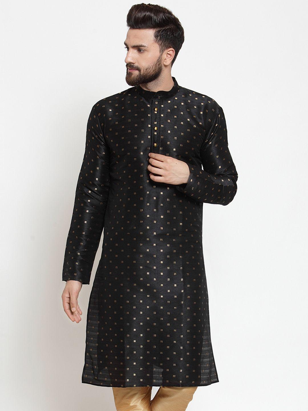 jompers men black woven design straight kurta