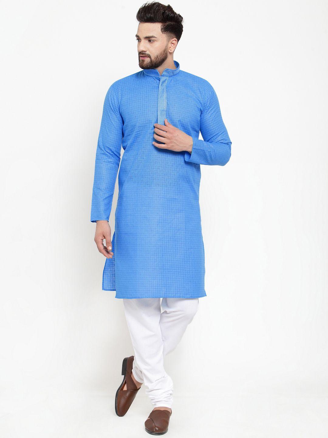 jompers men blue & white embroidered kurta with churidar