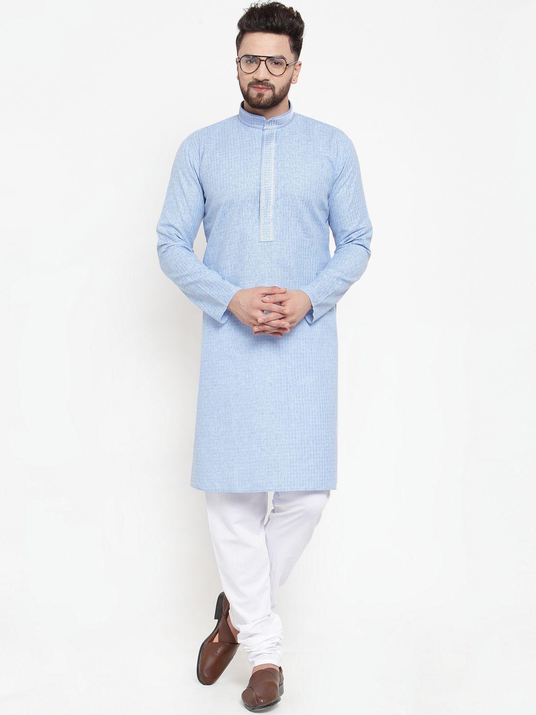 jompers men blue & white self design kurta with churidar