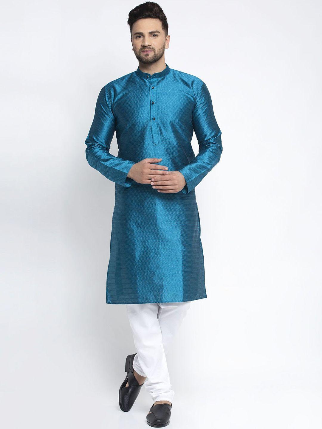 jompers men blue & white self design kurta with pyjamas