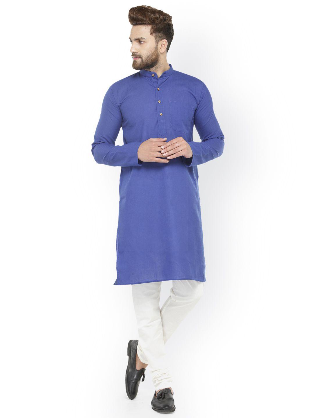 jompers men blue & white solid kurta with churidar