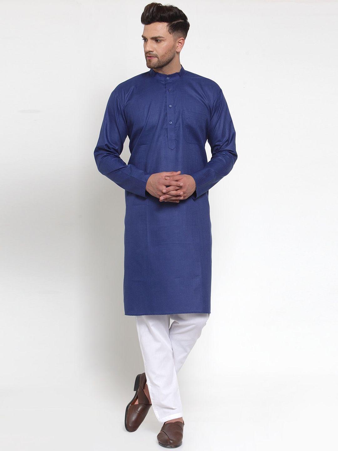 jompers men blue & white solid kurta with pyjamas