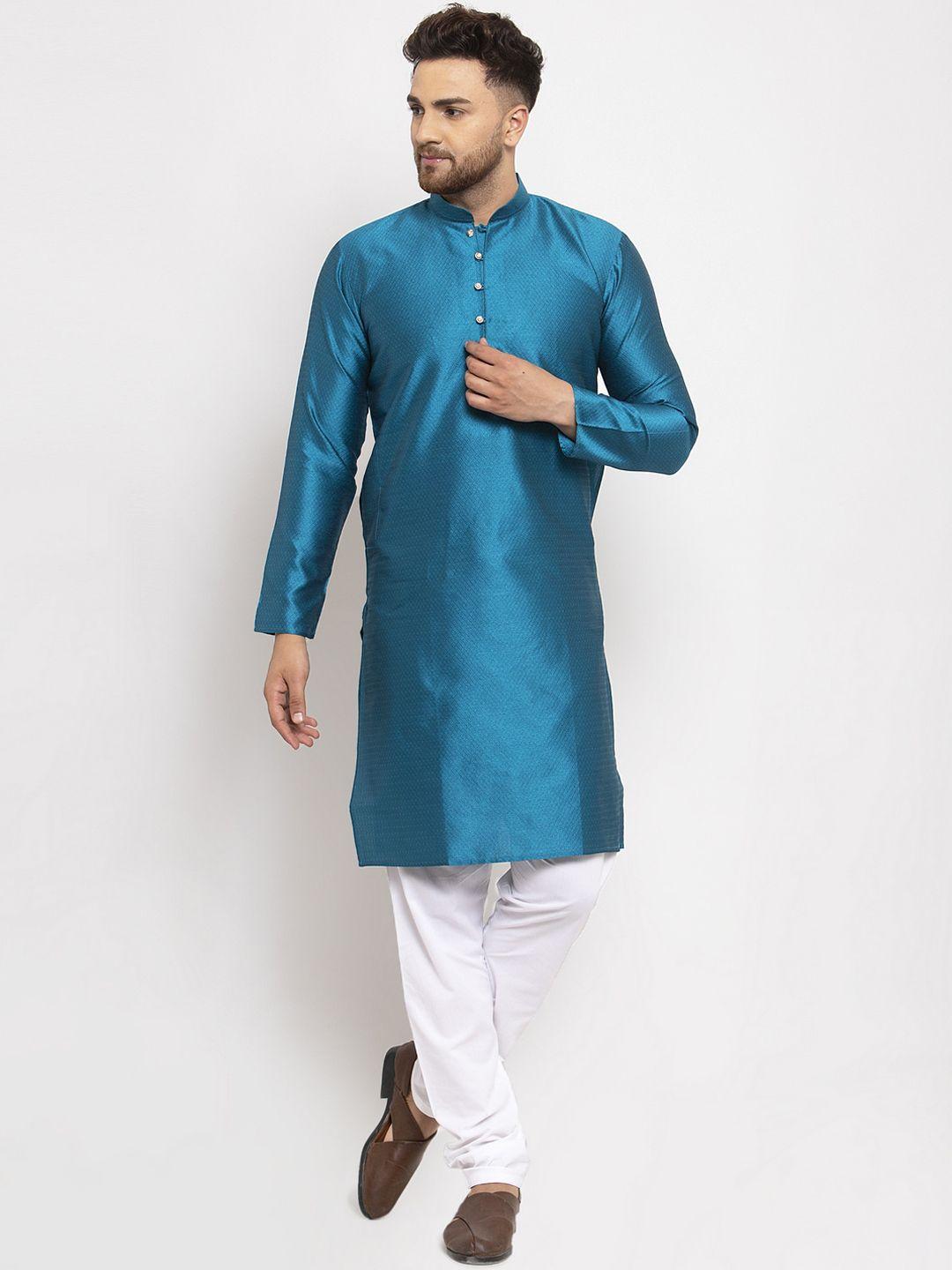 jompers men blue & white woven design kurta with churidar