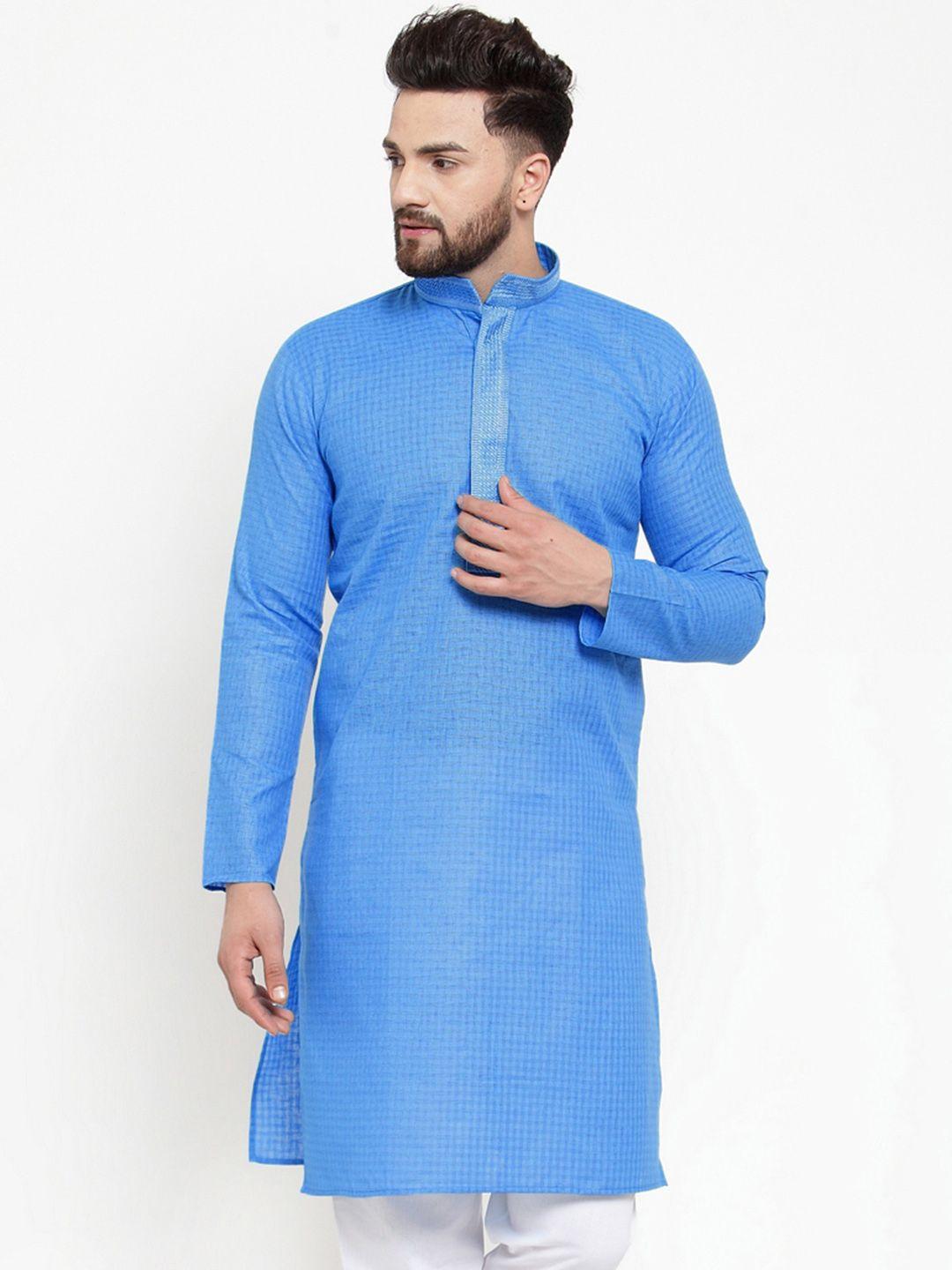 jompers men blue checked straight kurta