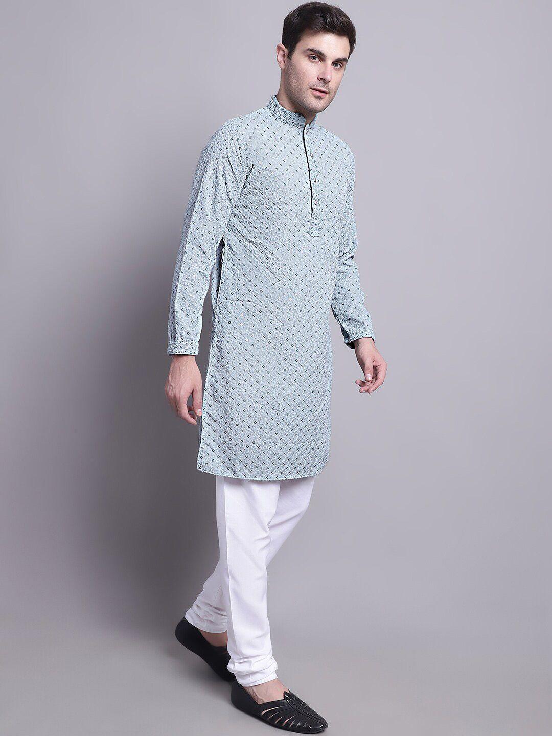 jompers men blue floral embroidered regular sequinned pure cotton kurta with churidar