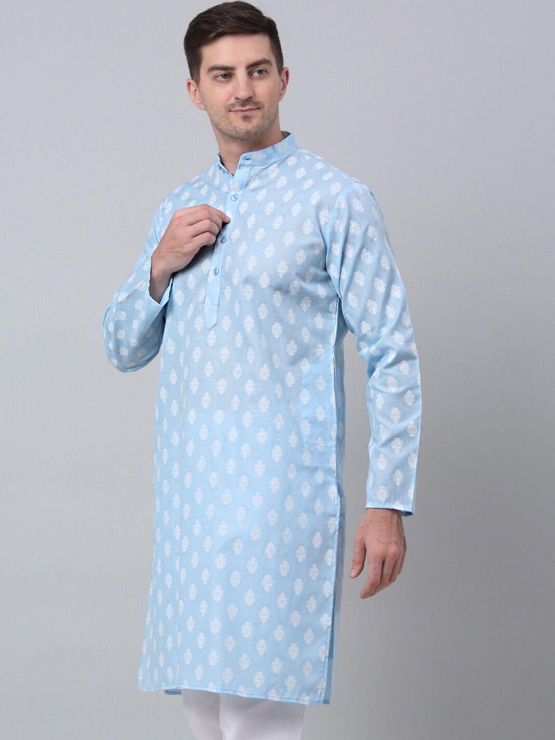 jompers men blue geometric cold-shoulder sleeves gotta patti block print kurta