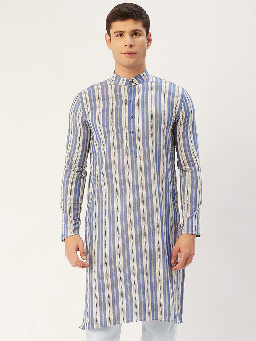 jompers men blue printed striped cotton kurta