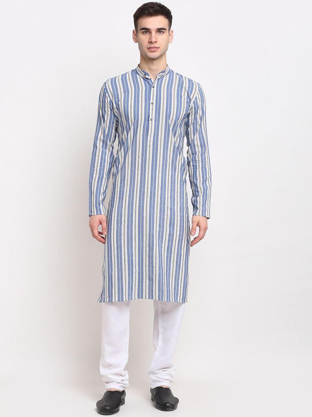 jompers men blue striped pure cotton kurta with churidar