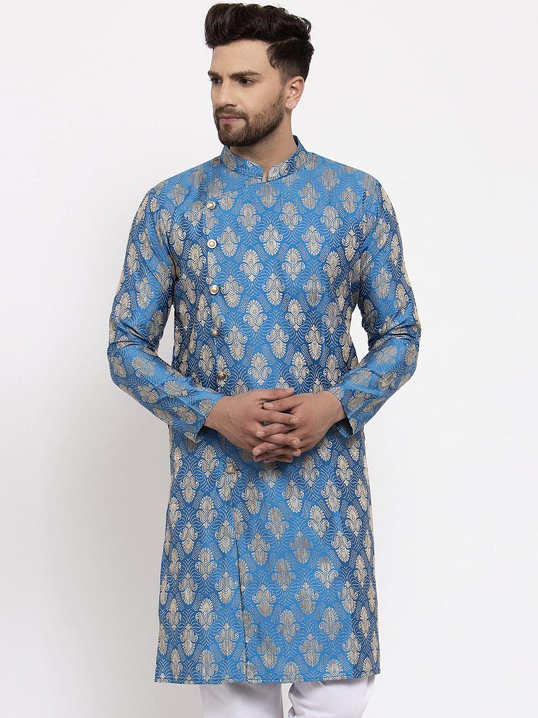 jompers men blue woven design straight kurta