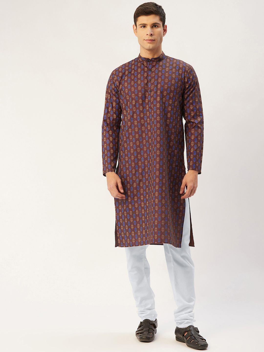 jompers men burgundy & blue ikat print regular kurta with churidar