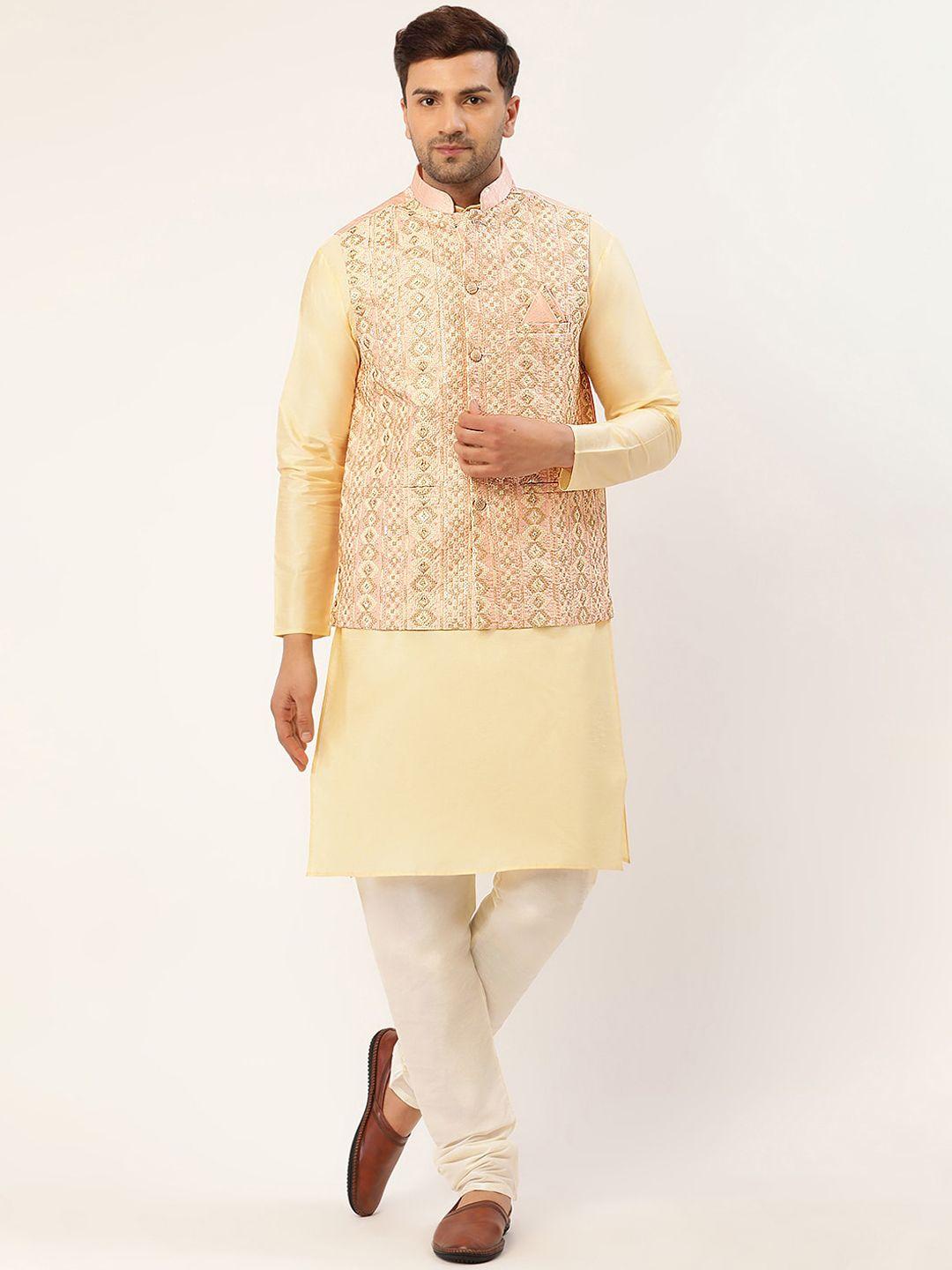 jompers men cream-coloured & off-white kurta with churidar & embroidered nehru jacket