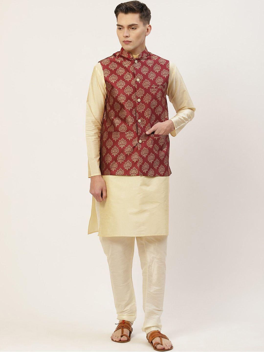 jompers men cream-coloured ethnic motifs kurta with pyjamas & nehru jacket