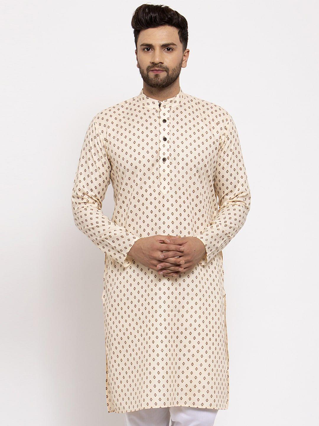 jompers men cream-coloured printed straight kurta