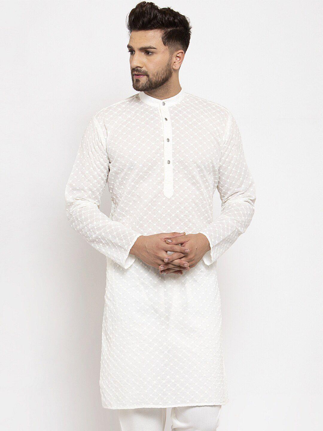 jompers men cream-coloured woven design straight kurta