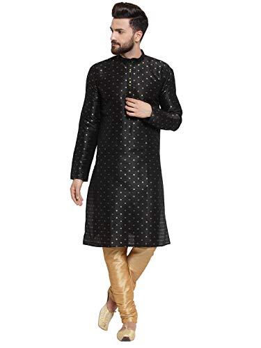 jompers men dupion silk kurta and churidar pajama set(black, s)