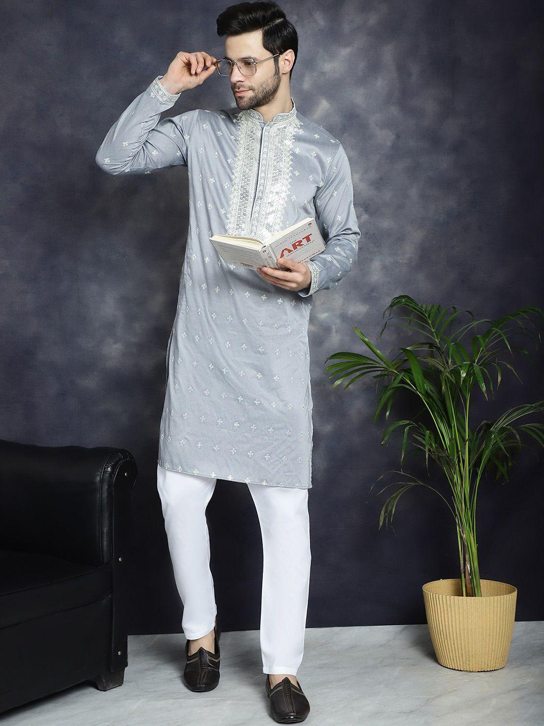 jompers men ethnic motifs embroidered regular sequinned kurta with pyjamas