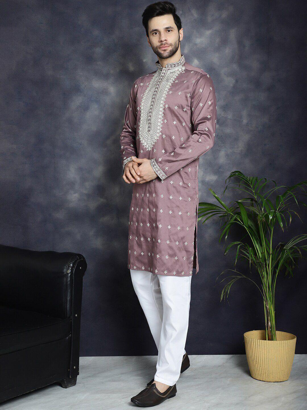 jompers men ethnic motifs embroidered regular sequinned kurta with pyjamas