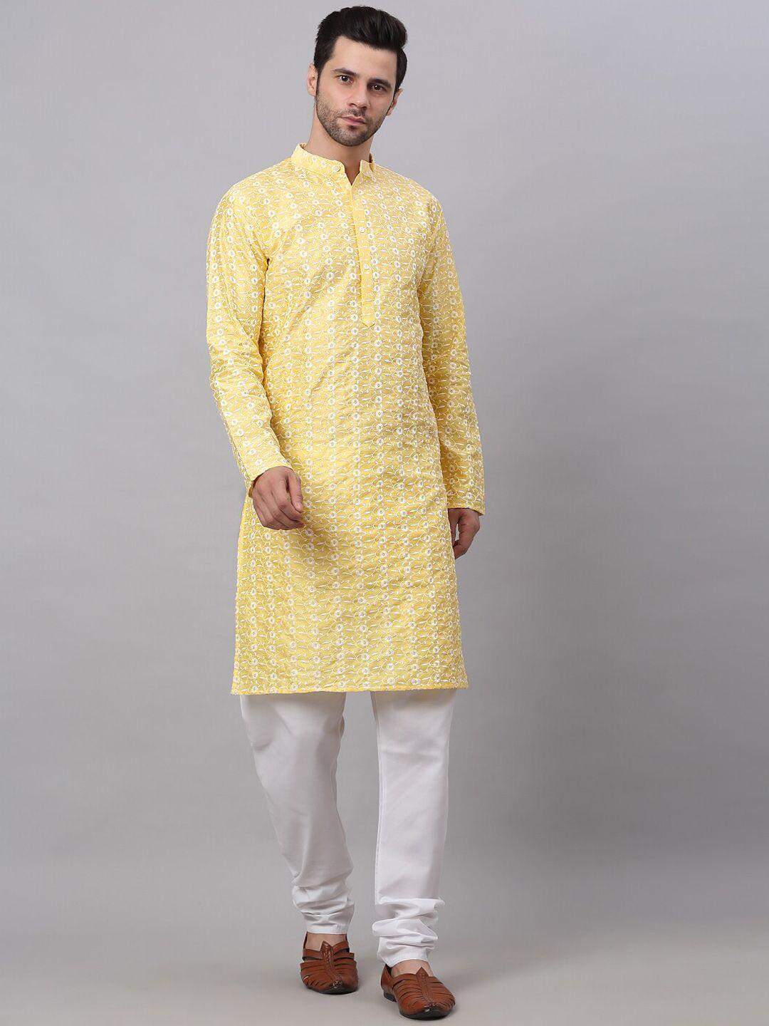 jompers men floral embroidered chikankari dupion silk kurta with churidar