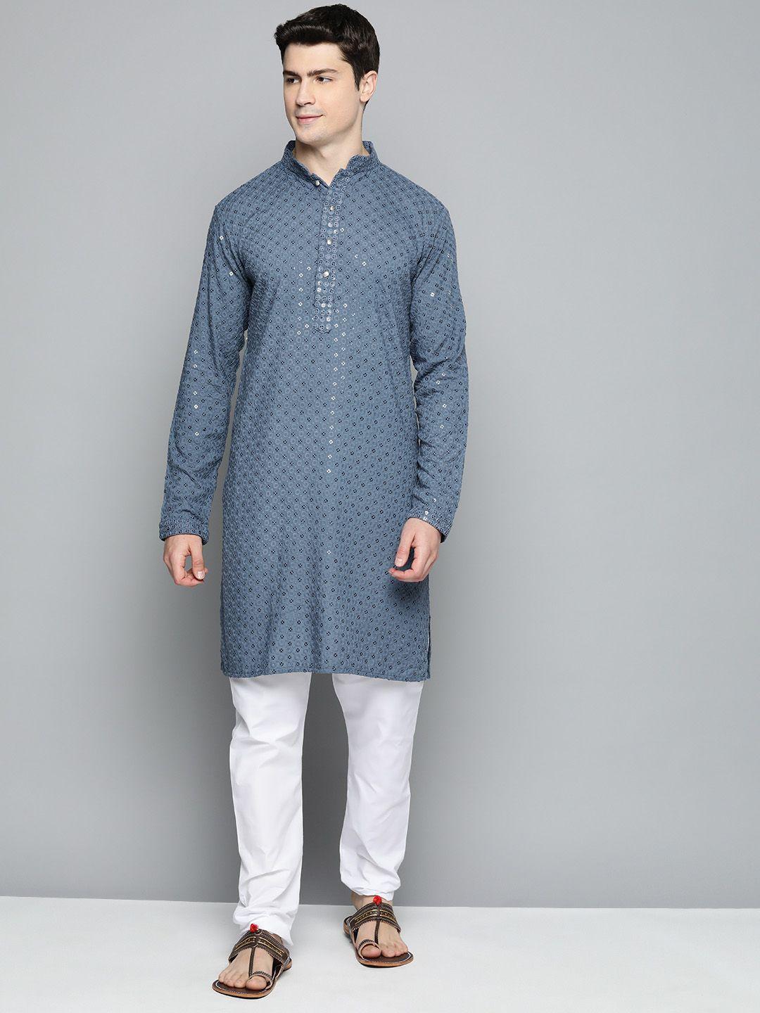 jompers men floral embroidered chikankari pure cotton kurta with churidar