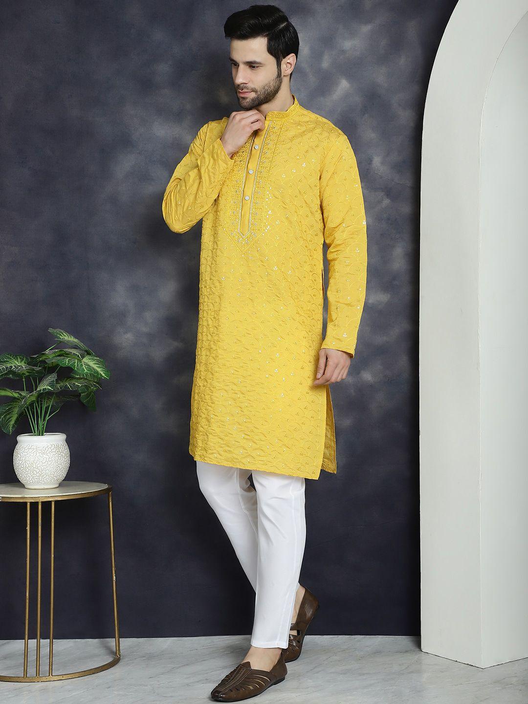 jompers men floral embroidered regular sequinned kurta with pyjamas