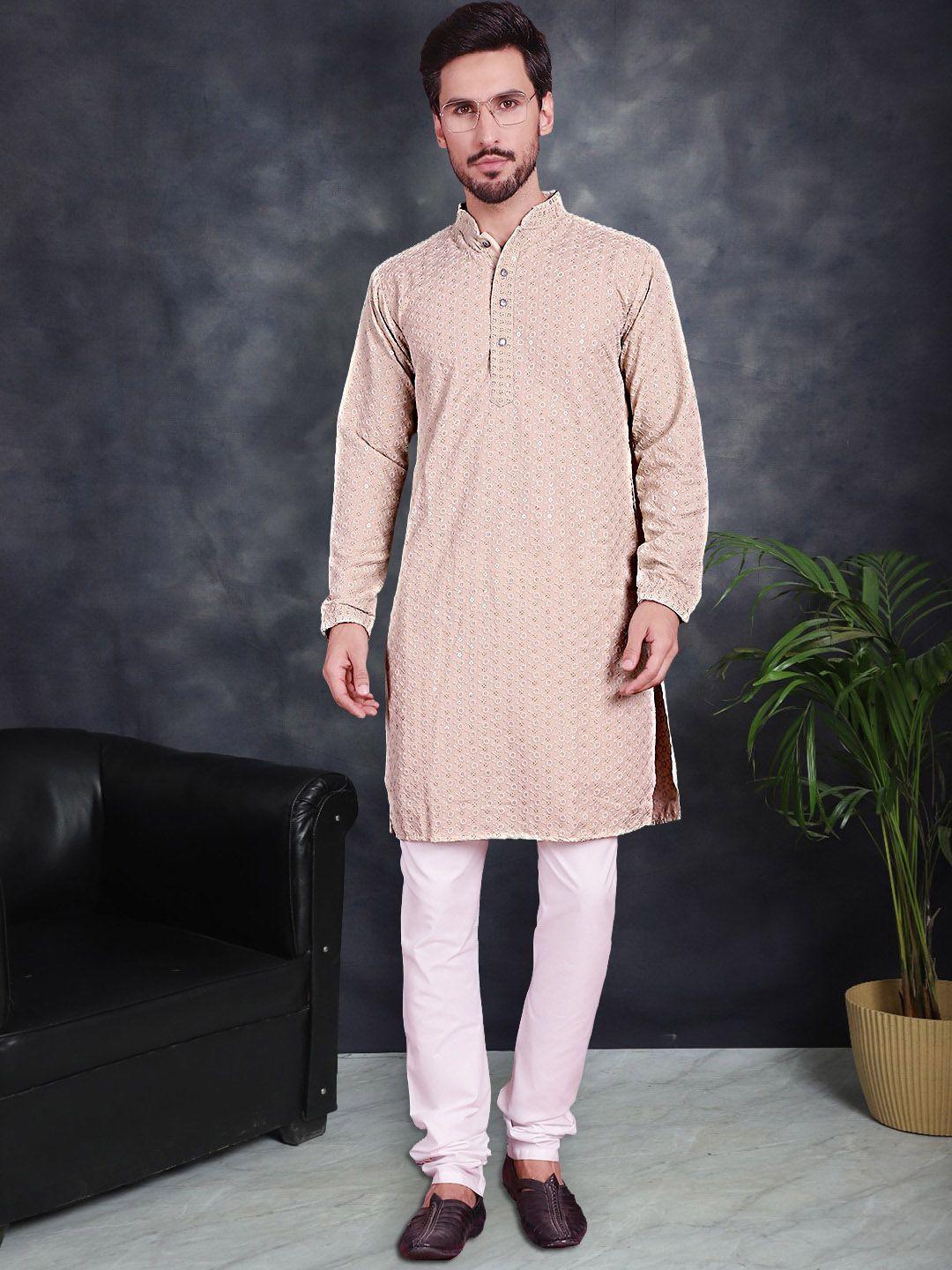 jompers men floral embroidered regular sequinned pure cotton kurta with churidar