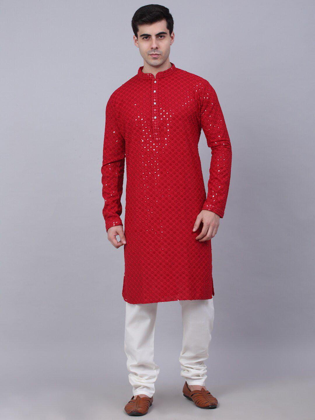 jompers men floral embroidered sequinned pure cotton kurta with churidar