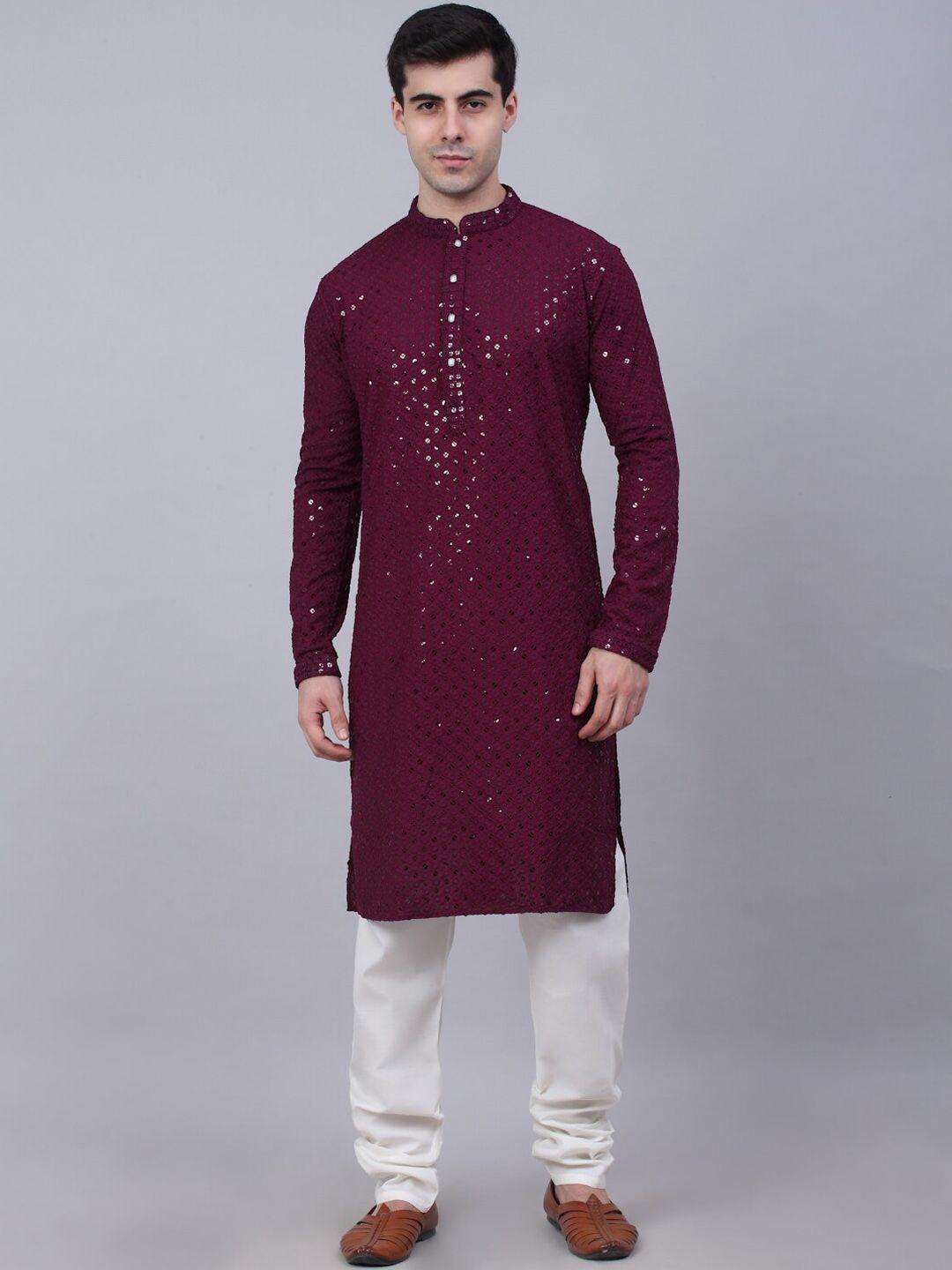 jompers men floral embroidered sequinned pure cotton kurta with churidar