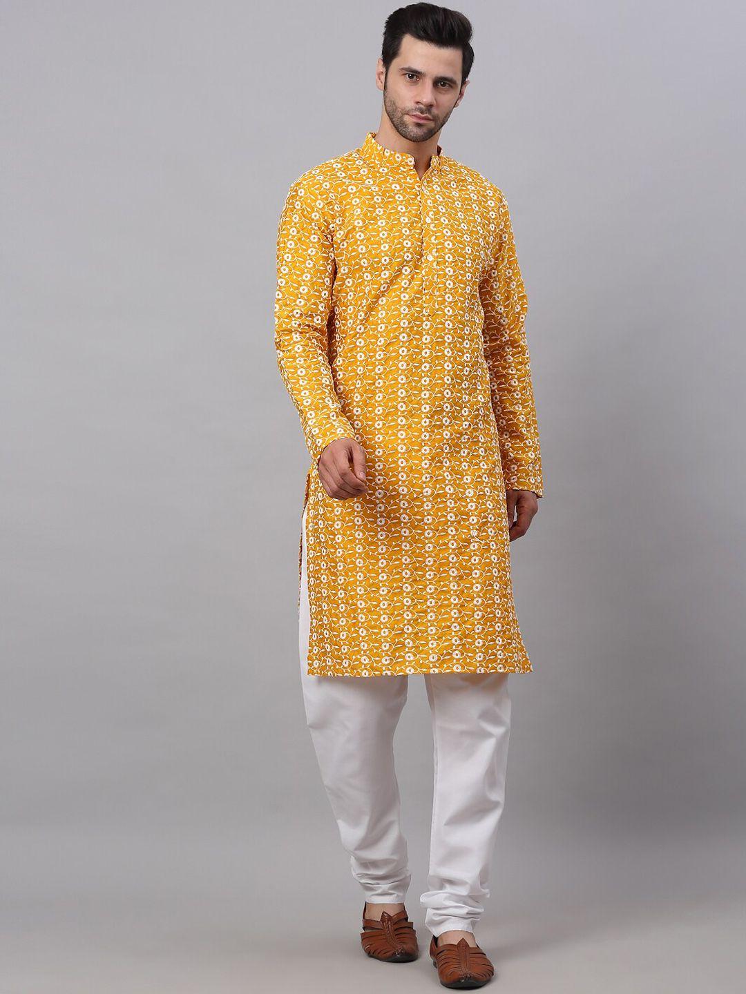 jompers men floral embroidered thread work kurta with churidar