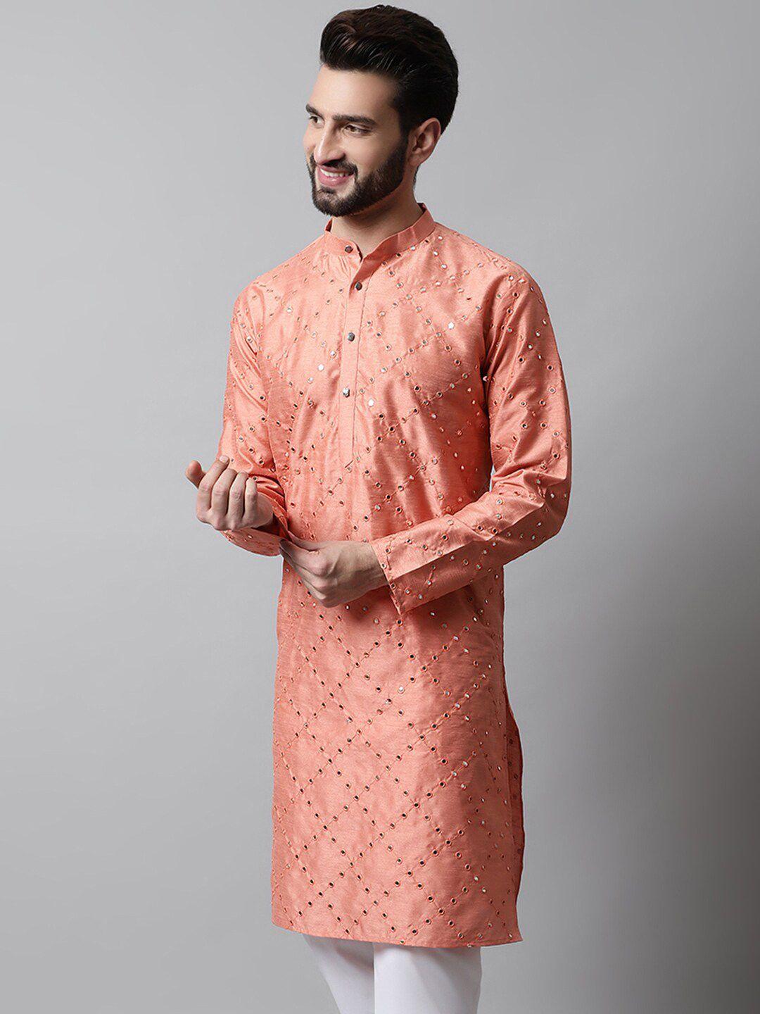 jompers men geometric embroidered mirror work dupion silk kurta