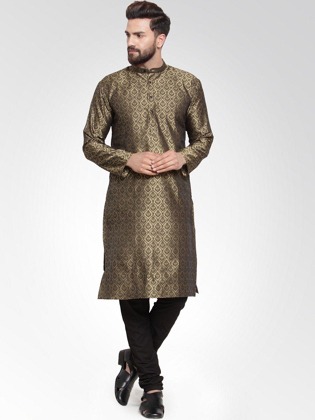 jompers men gold-colored & black self design kurta with churidar