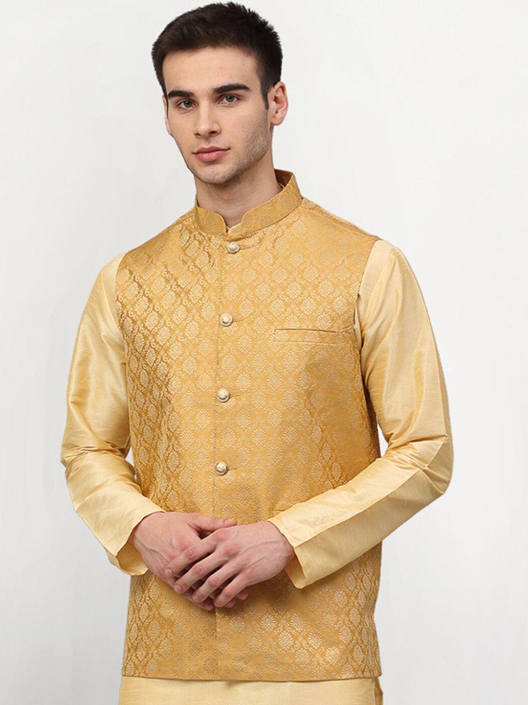 jompers men gold-coloured woven design nehru jacket