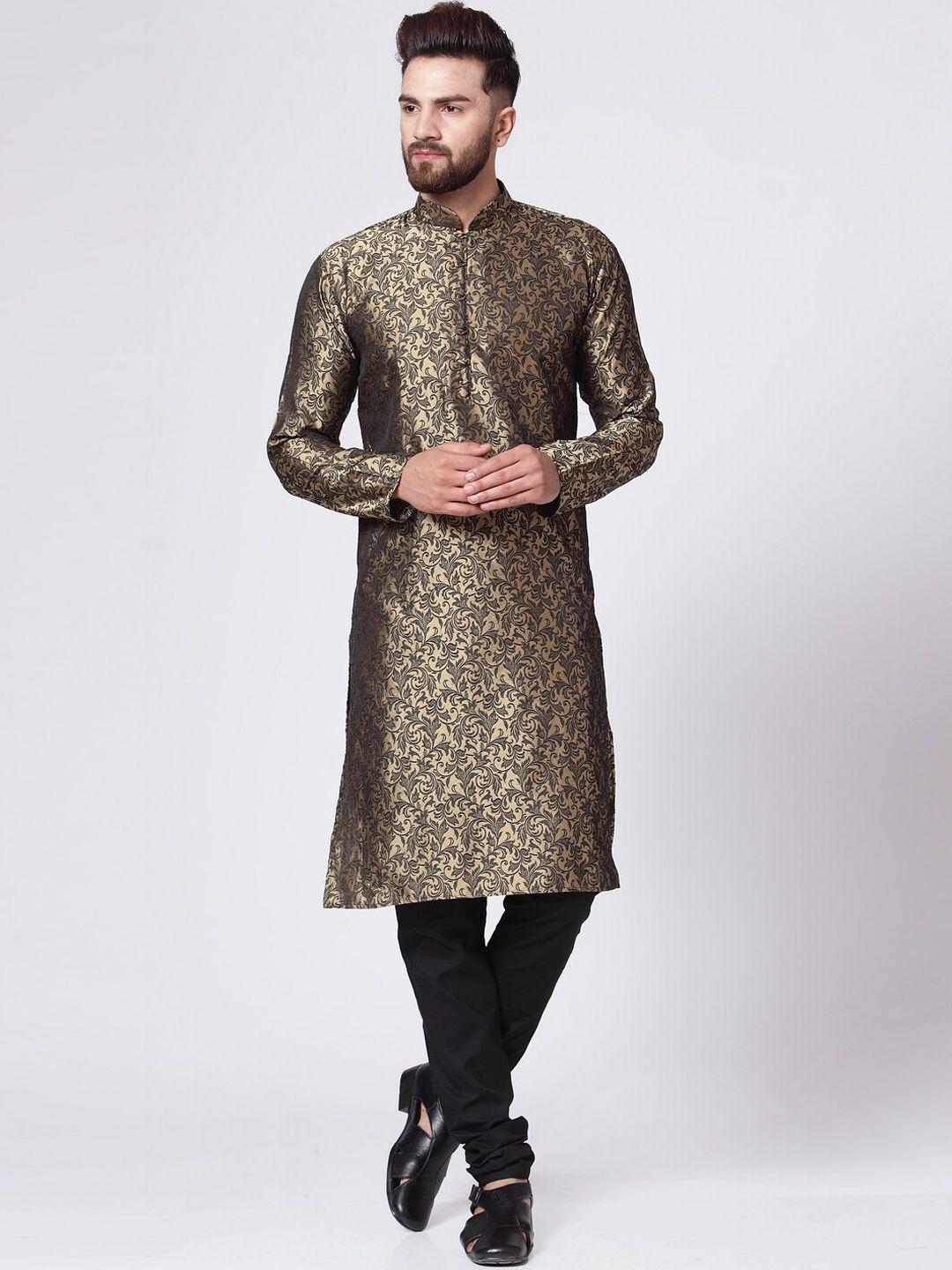 jompers men gold-toned & black woven design kurta with churidar