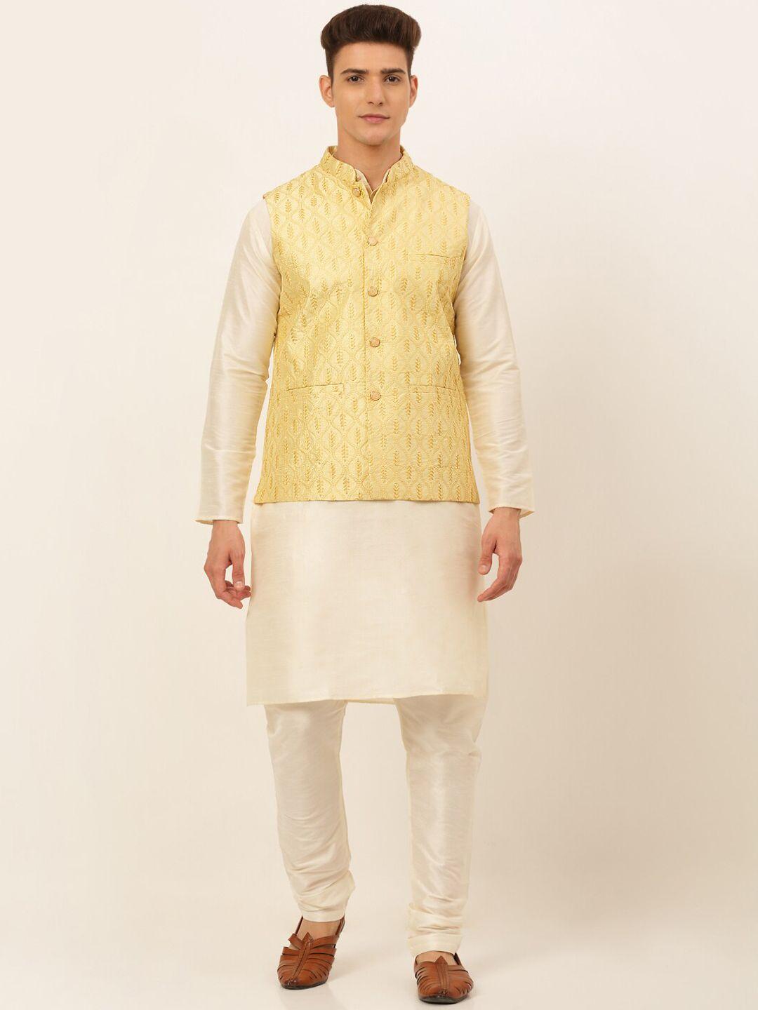 jompers men gold-toned kurta with churidar with nehru jacket